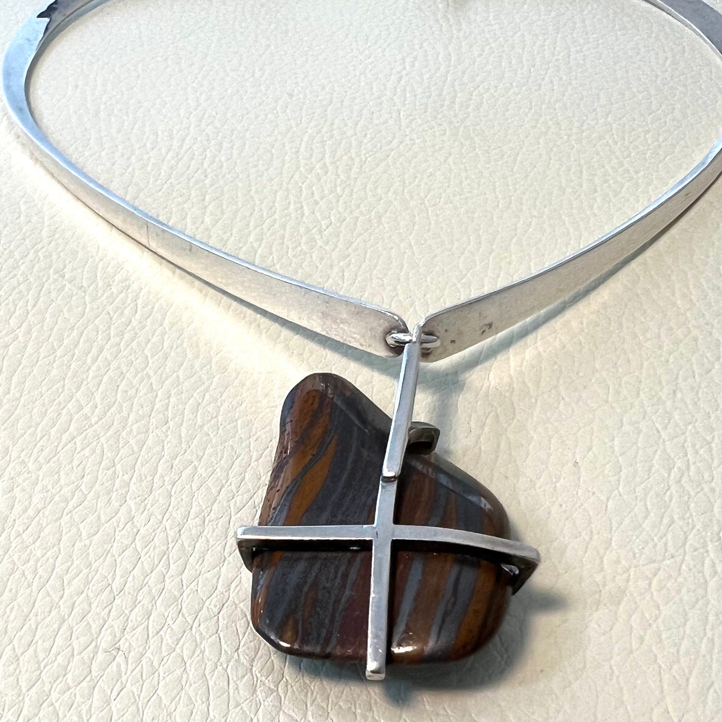 Estate Ronald Hayes Pearson Sterling Silver Hinged Neck Ring with Amorphic Shaped Natural Stone Pendant