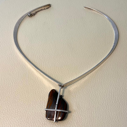Estate Ronald Hayes Pearson Sterling Silver Hinged Neck Ring with Amorphic Shaped Natural Stone Pendant