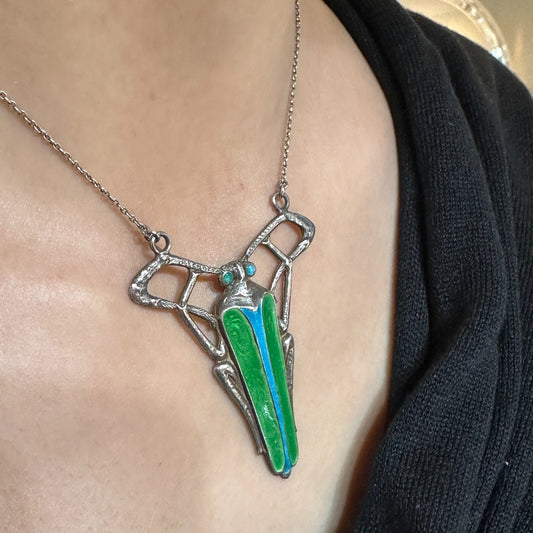 Estate Silver Jugendstil Pendant with Green and Turquoise Enamel Emerald Ash Borer Beetle Art Nouveau Necklace