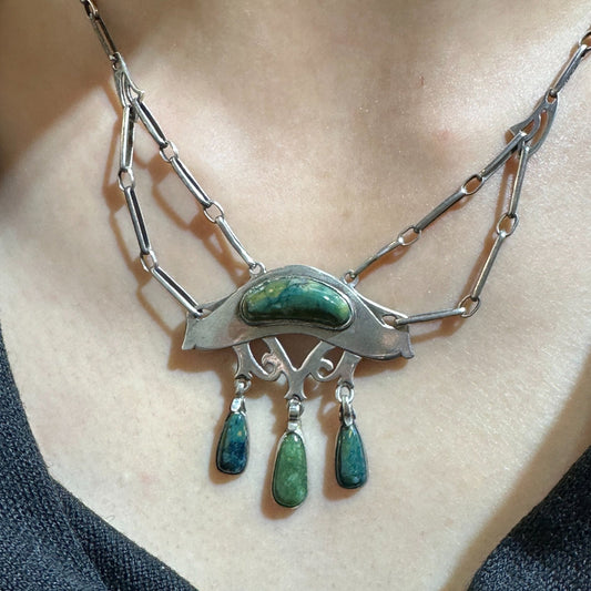 Estate Silver Jugendstil Pendant with Hardstone Art Nouveau Necklace