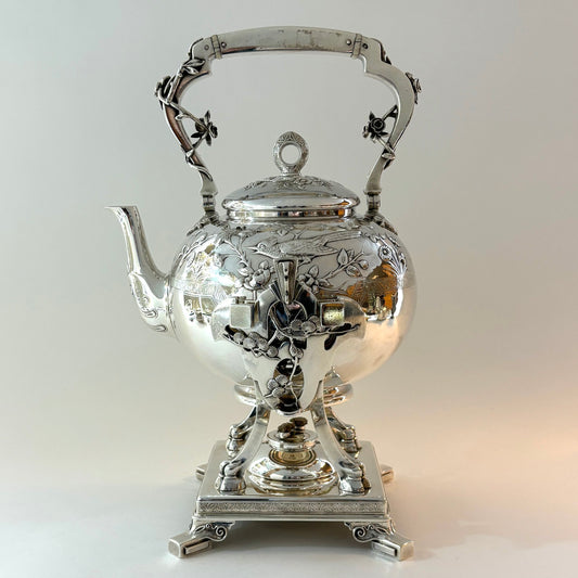 Museum Quality Antique Tiffany & Co. Sterling Silver Tea Kettle on Stand in the Japonesque Style by Edward Moore