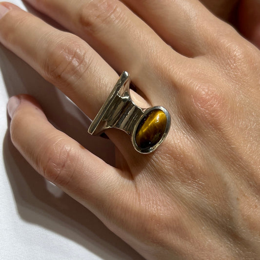 Estate French Sterling Silver Modernist Asymmetrical Tiger's Eye Ring
