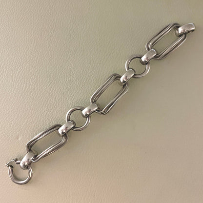 Estate French Silver Bracelet with 3-ring and Double-wire Rectangle Links