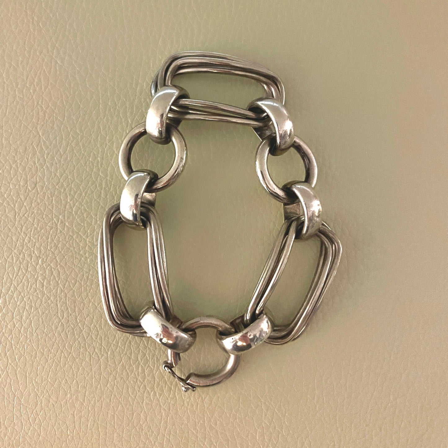 Estate French Silver Bracelet with 3-ring and Double-wire Rectangle Links