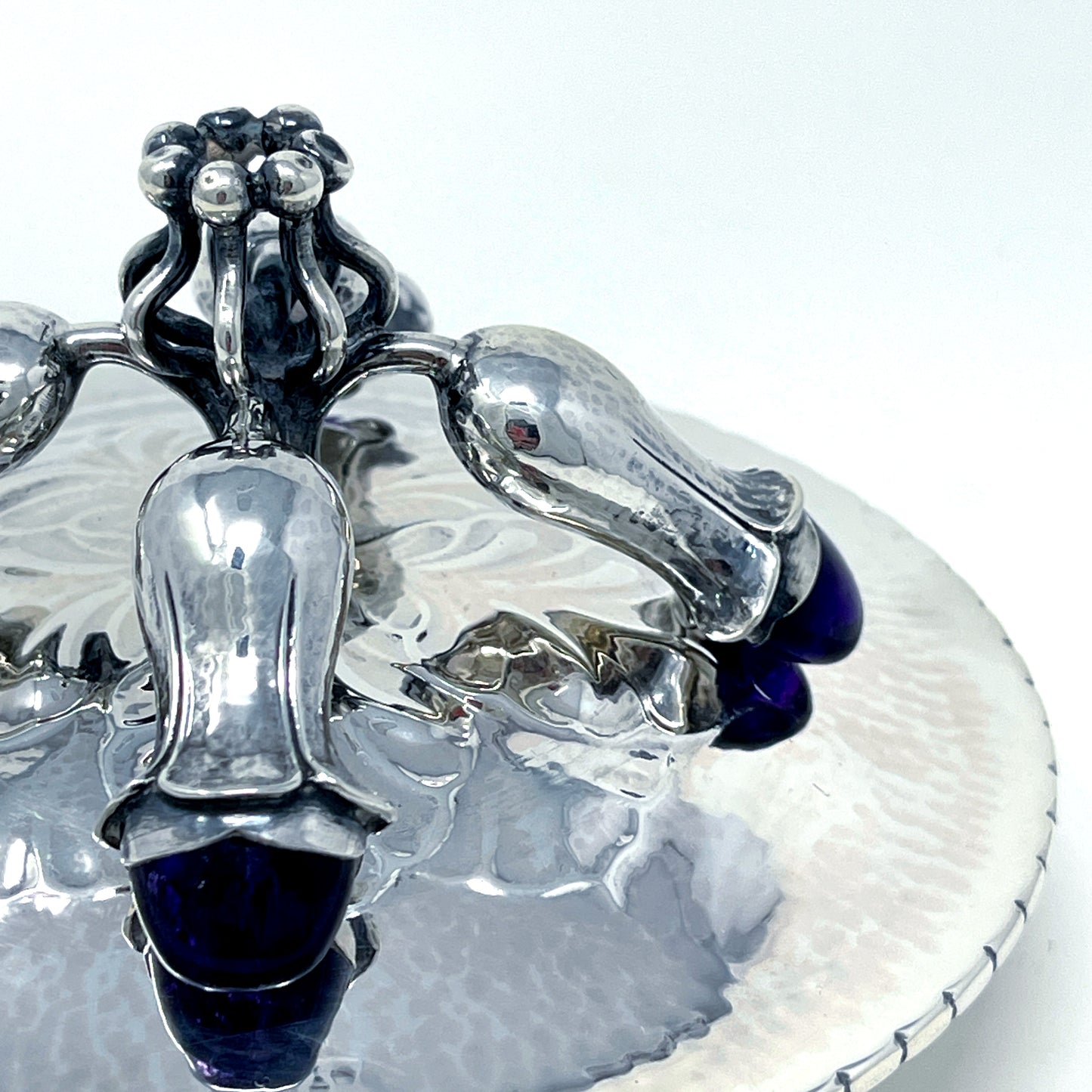 Estate Georg Jensen Sterling Silver Jar with Four Blossoms of Amethyst