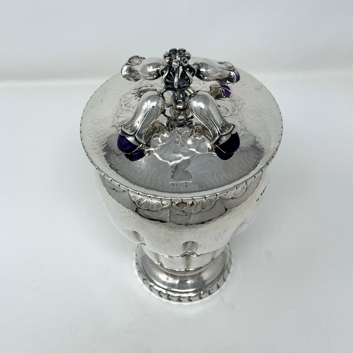 Estate Georg Jensen Sterling Silver Jar with Four Blossoms of Amethyst