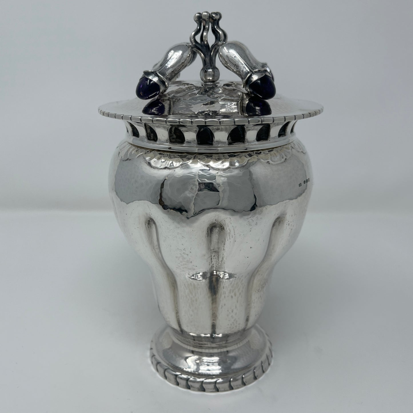 Estate Georg Jensen Sterling Silver Jar with Four Blossoms of Amethyst