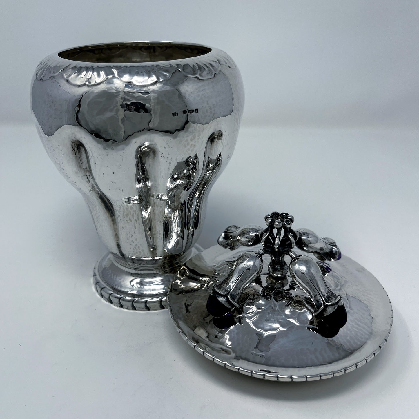 Estate Georg Jensen Sterling Silver Jar with Four Blossoms of Amethyst