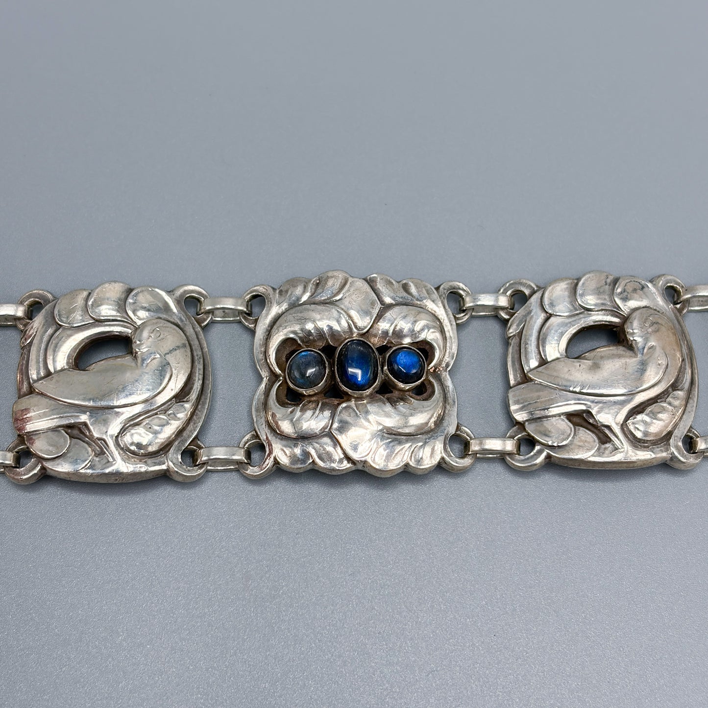 Estate Georg Jensen Sterling Silver Large Dove Bracelet with Labradorites by Kristian Møhl-Hansen No. 32