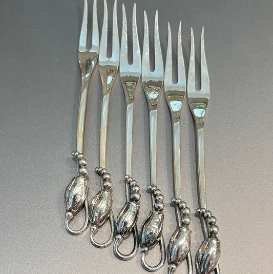 Georg Jensen Sterling Silver Blossom Cold Meat Forks Design No. 84. ( 6 )