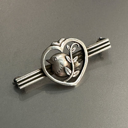 Estate Georg Jensen Sterling Silver Bird and Heart Bar Pin Design No. 282