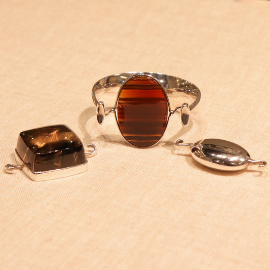 Georg Jensen Sterling Silver Bracelet by Vivianna Torun No 203 with Silver Lozenge, Smokey Quartz 203B, and Tiger Agate 203A