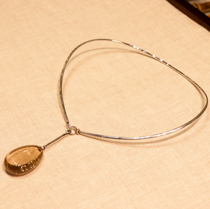 Georg Jensen Sterling Silver Neck Ring No. 174 with No. 131 Rutilated Quartz and No. 133 Striped Agate Pendants by Vivianna Torun