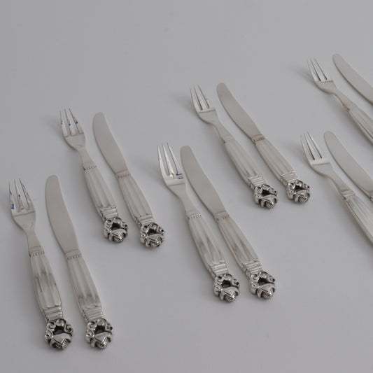 Estate Georg Jensen Sterling Silver Acorn Fruit/Dessert Fork & Knife Set Service of 12