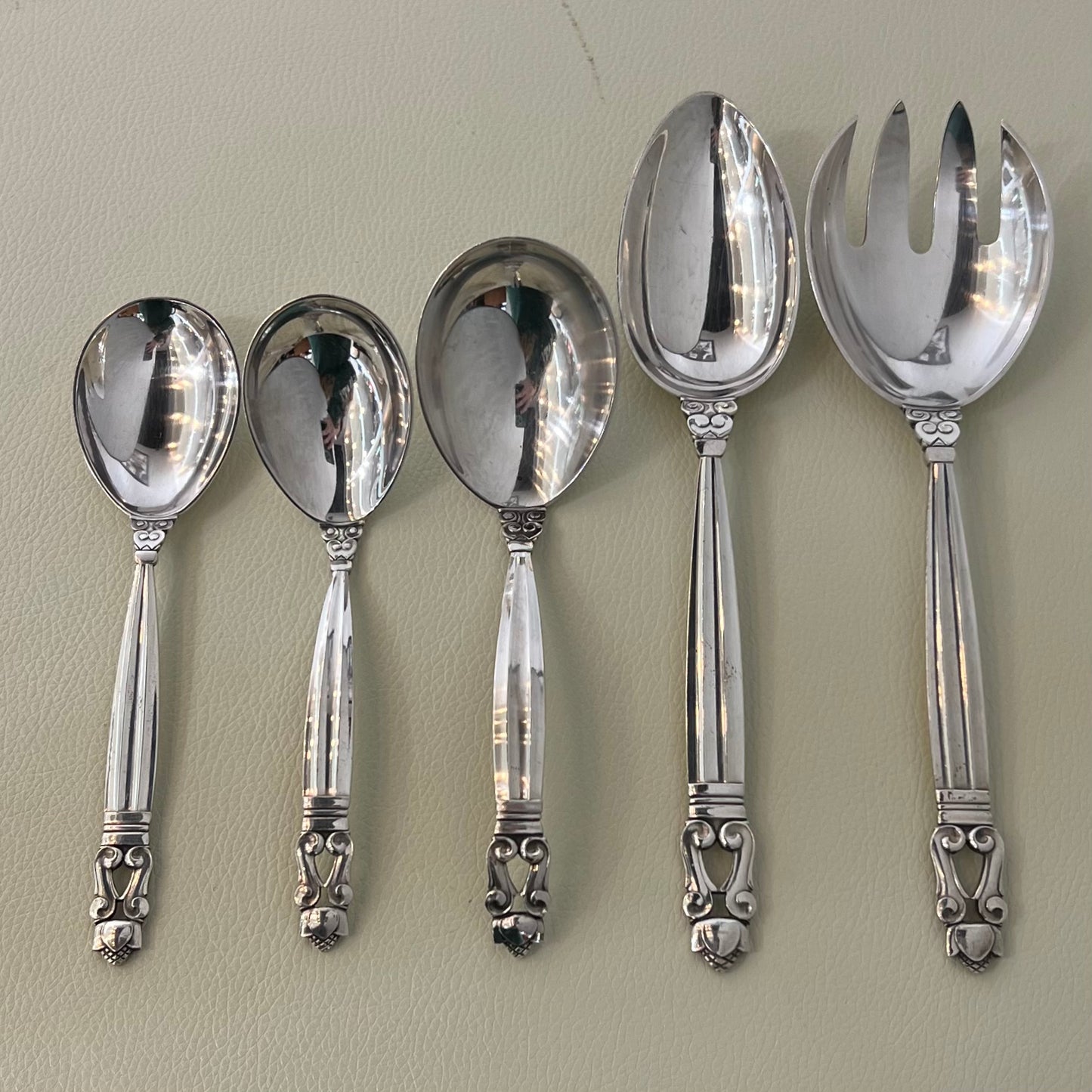 Estate Georg Jensen Sterling Silver Flatware in the "Acorn" Pattern Service of Twelve with Serving Pieces by Johan Rohde