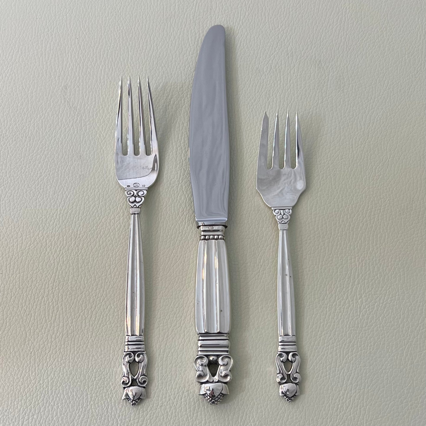 Estate Georg Jensen Sterling Silver Flatware in the "Acorn" Pattern Service of Twelve with Serving Pieces by Johan Rohde