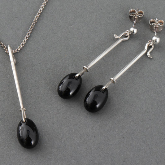 Georg Jensen Sterling Silver Dew Drop Earrings and Pendant Necklace Black Agate by Vivianna Torun