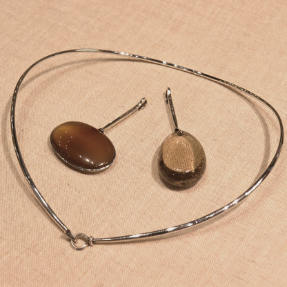 Georg Jensen Sterling Silver Neck Ring No. 174 with No. 131 Rutilated Quartz and No. 133 Striped Agate Pendants by Vivianna Torun