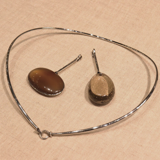Georg Jensen Sterling Silver Neck Ring No. 174 with No. 131 Rutilated Quartz and No. 133 Striped Agate Pendants by Vivianna Torun