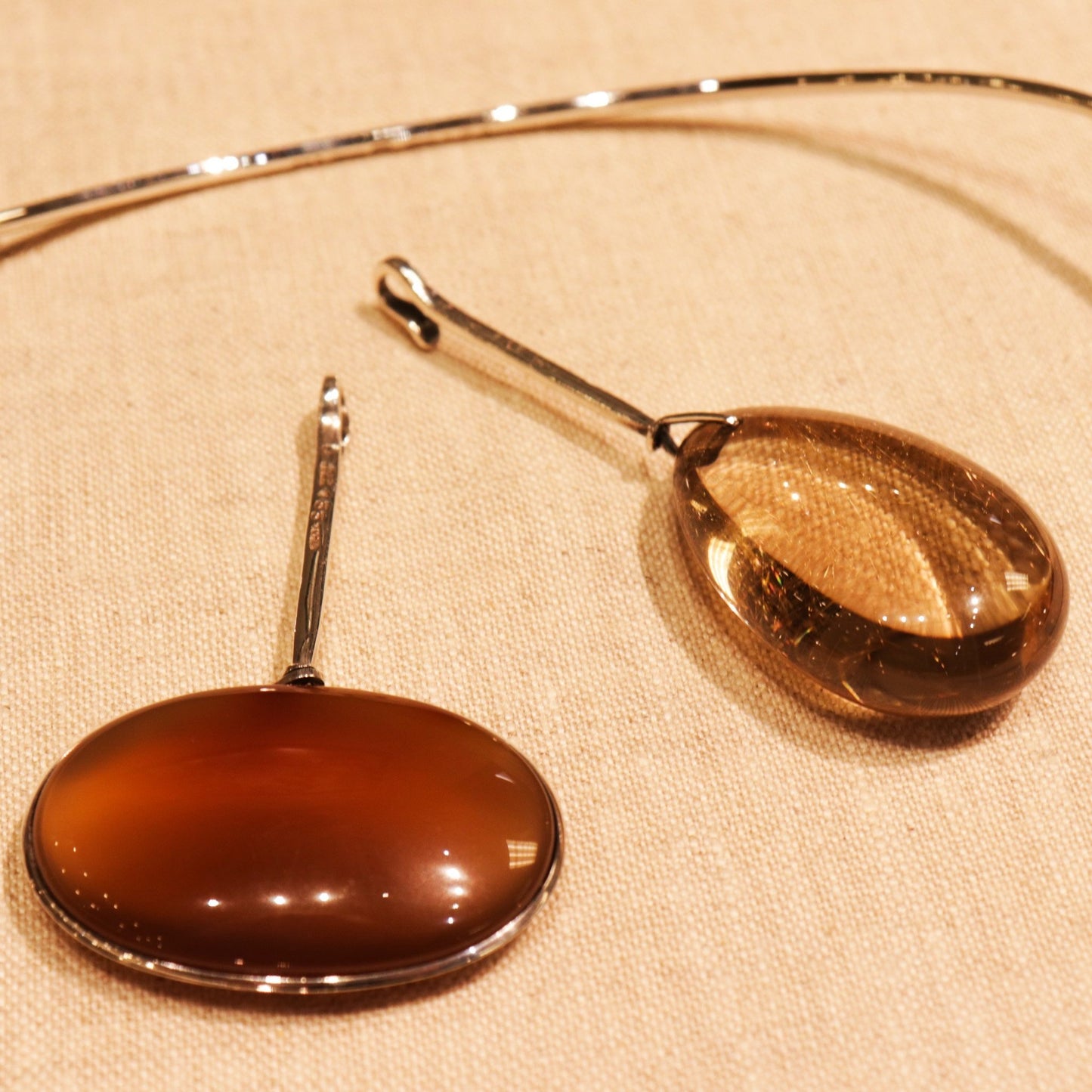 Georg Jensen Sterling Silver Neck Ring No. 174 with No. 131 Rutilated Quartz and No. 133 Striped Agate Pendants by Vivianna Torun