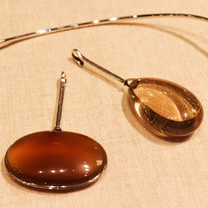 Georg Jensen Sterling Silver Neck Ring No. 174 with No. 131 Rutilated Quartz and No. 133 Striped Agate Pendants by Vivianna Torun
