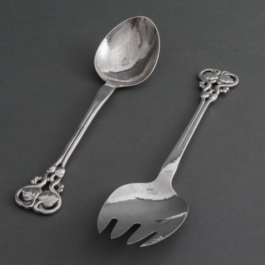 Georg Jensen Sterling Silver Ornamental Serving Fork and Spoon (2) Piece Set Design No. 58