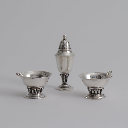 Georg Jensen Sterling Silver Salt Cellars and Pepperette Shaker Set No. 180