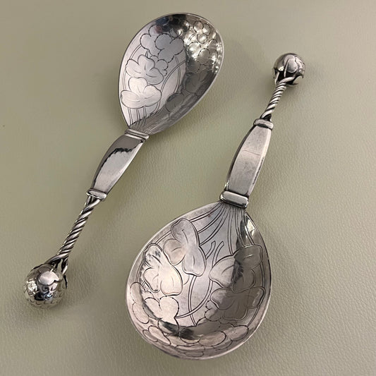 Pair of Georg Jensen Strawberry Sterling Silver Serving Spoons Design No. 35