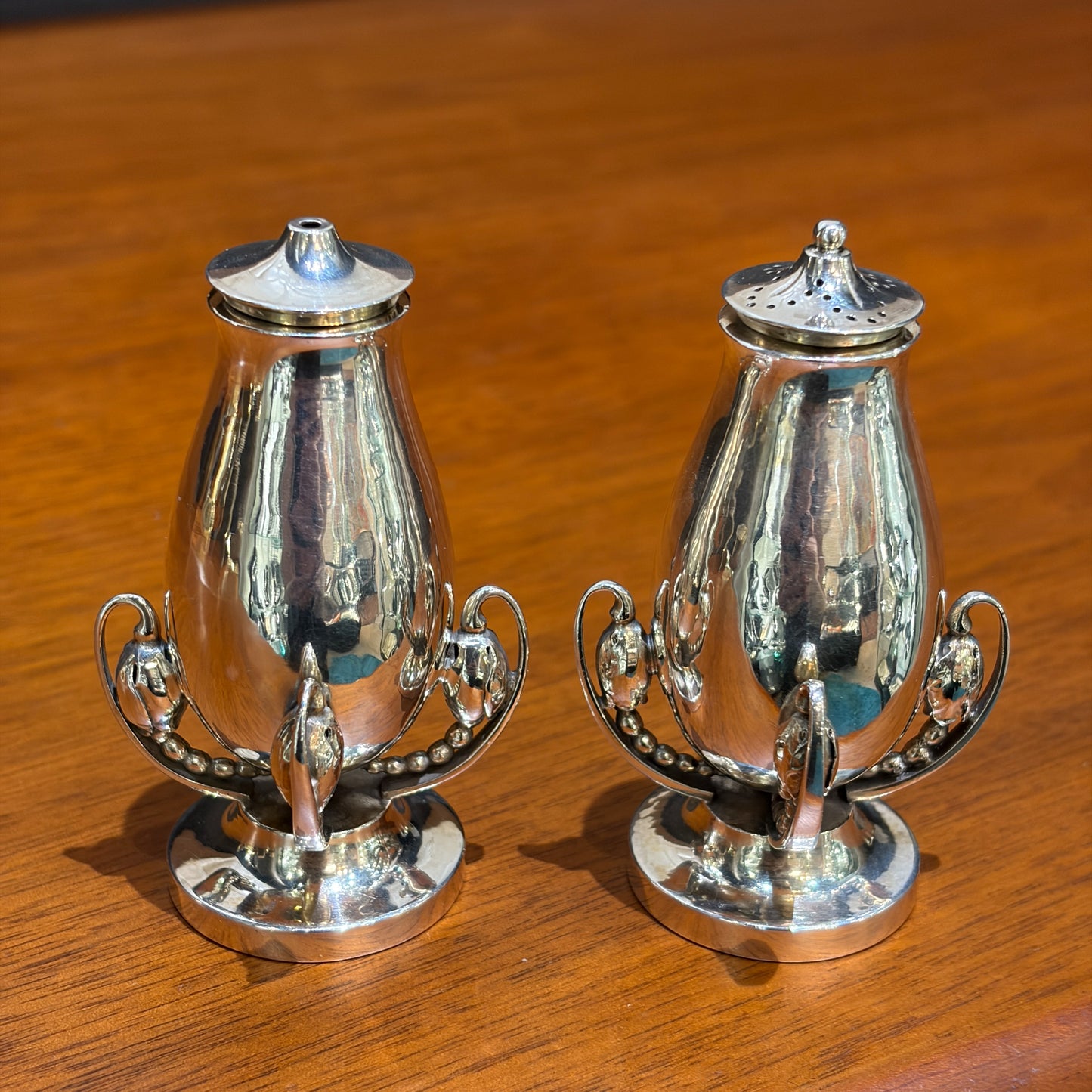 Rare Sterling Silver Georg Jensen "Blossom" Condiment Set with Mustard Pot, Salt & Pepper Shakers no 2A