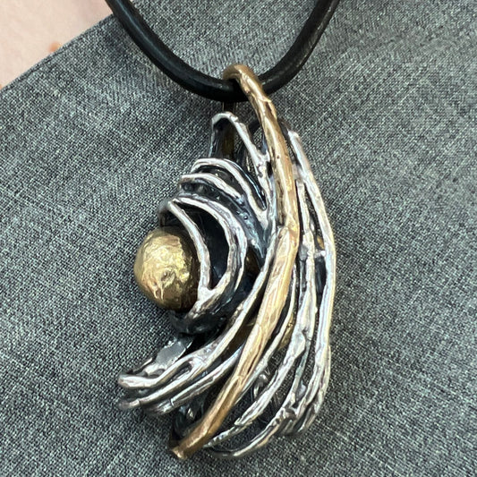 Giuseppe Mandile Sterling Silver and Brass Brutalist Style Pendant with Leather Cord