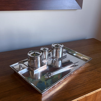Estate Georg Jensen Sterling Silver Double Inkwell on Tray by Johan Rhode