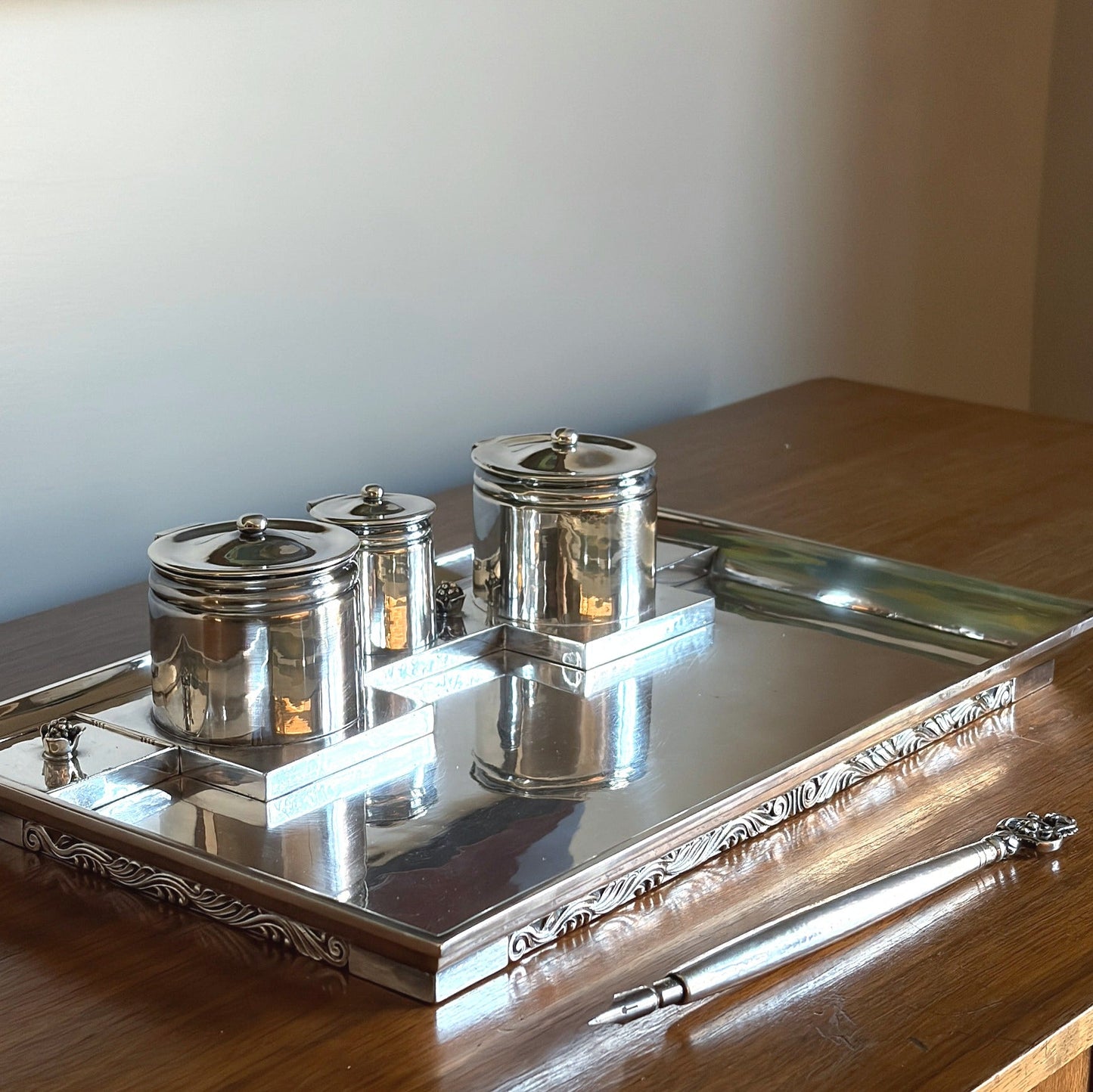 Estate Georg Jensen Sterling Silver Double Inkwell on Tray by Johan Rhode