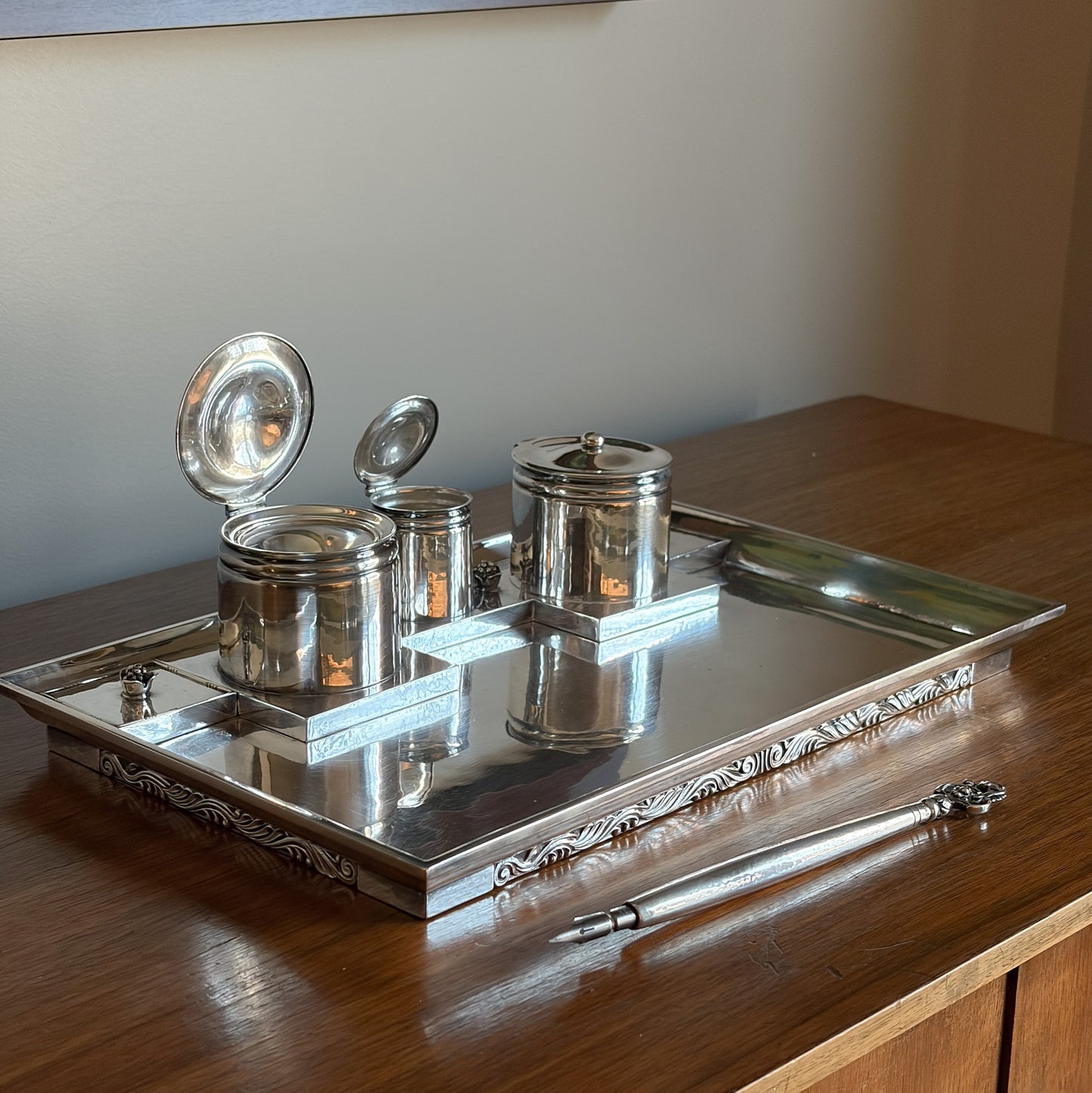 Estate Georg Jensen Sterling Silver Double Inkwell on Tray by Johan Rhode