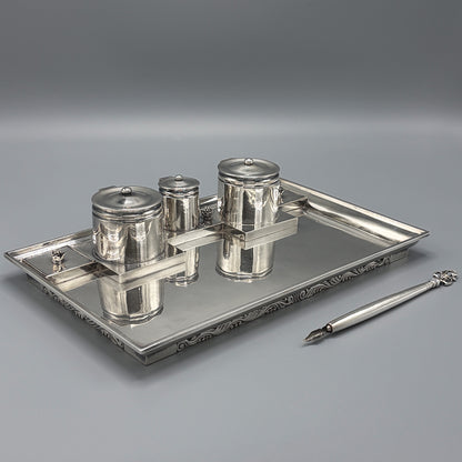 Estate Georg Jensen Sterling Silver Double Inkwell on Tray by Johan Rhode