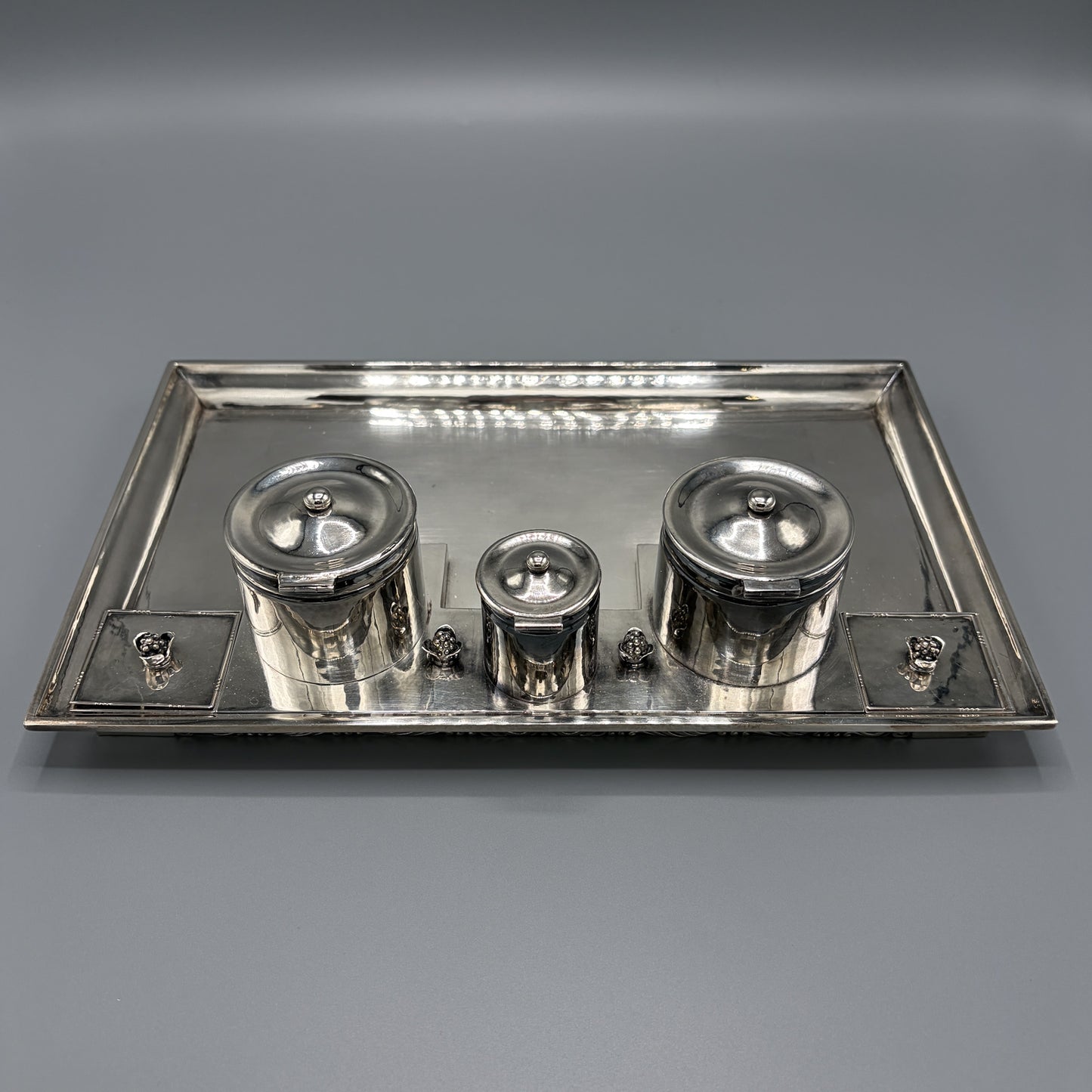 Estate Georg Jensen Sterling Silver Double Inkwell on Tray by Johan Rhode
