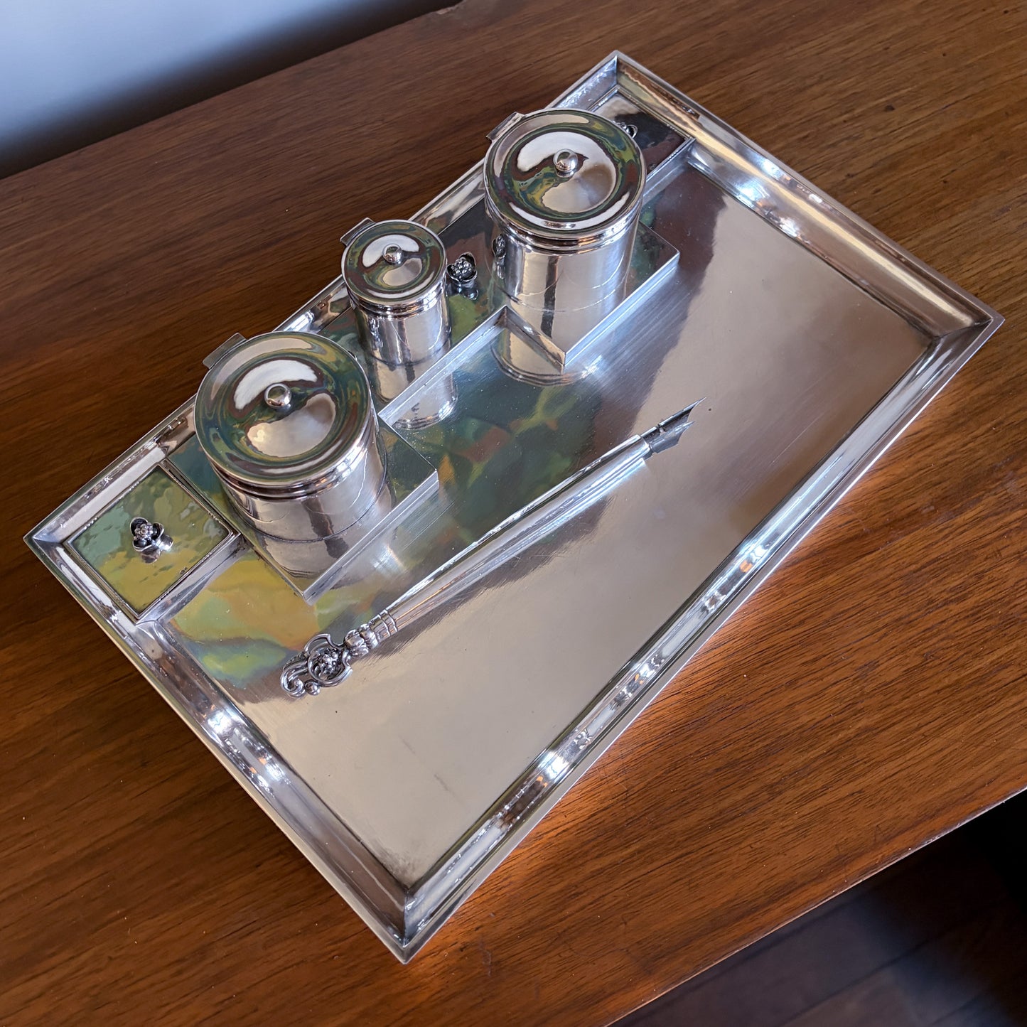 Estate Georg Jensen Sterling Silver Double Inkwell on Tray by Johan Rhode