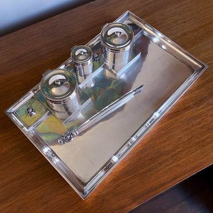 Estate Georg Jensen Sterling Silver Double Inkwell on Tray by Johan Rhode