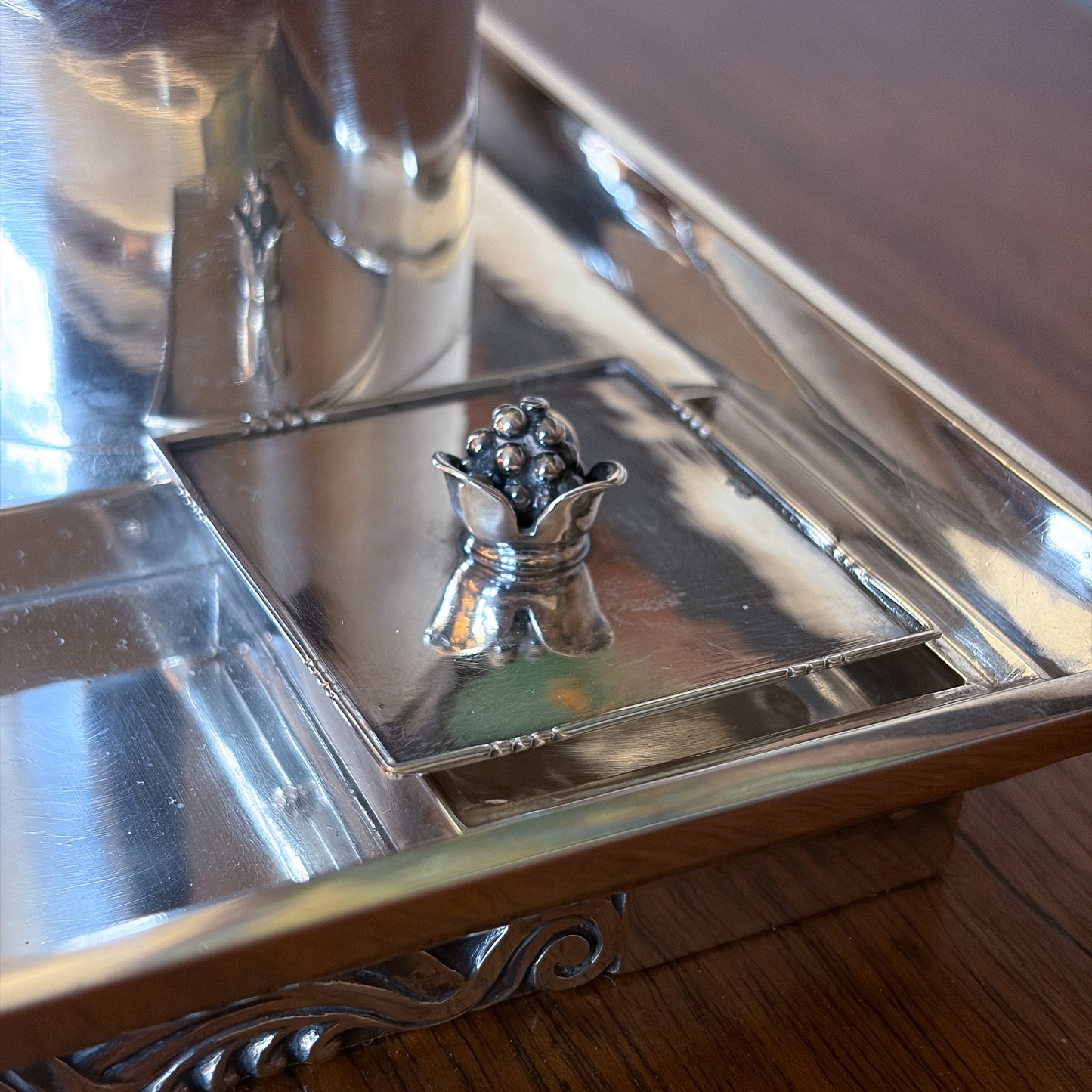 Estate Georg Jensen Sterling Silver Double Inkwell on Tray by Johan Rhode
