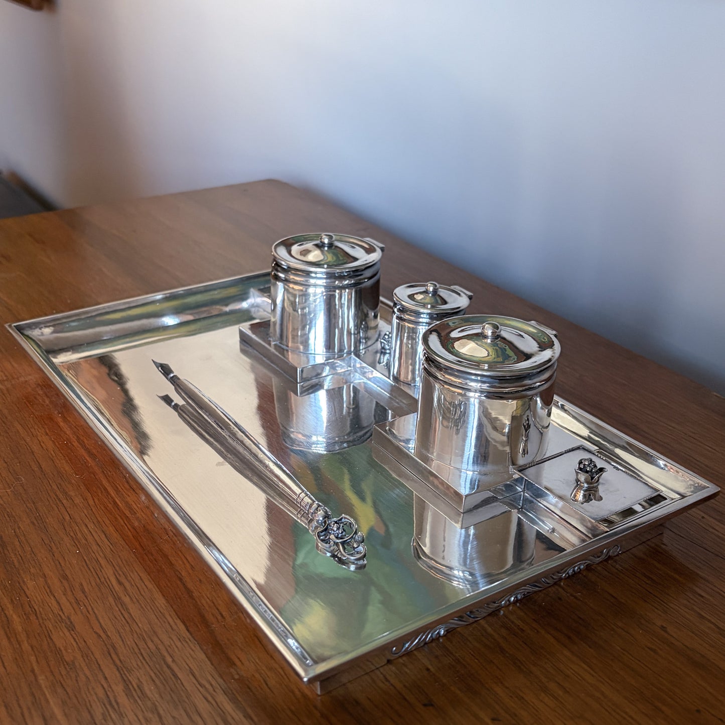 Estate Georg Jensen Sterling Silver Double Inkwell on Tray by Johan Rhode