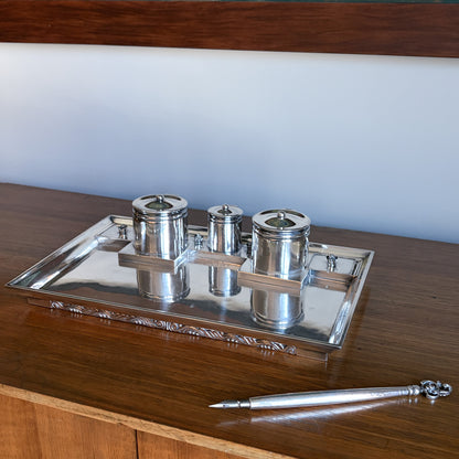 Estate Georg Jensen Sterling Silver Double Inkwell on Tray by Johan Rhode
