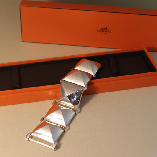 Hermès Sterling Silver Pyramid Bracelet with Hermès Box