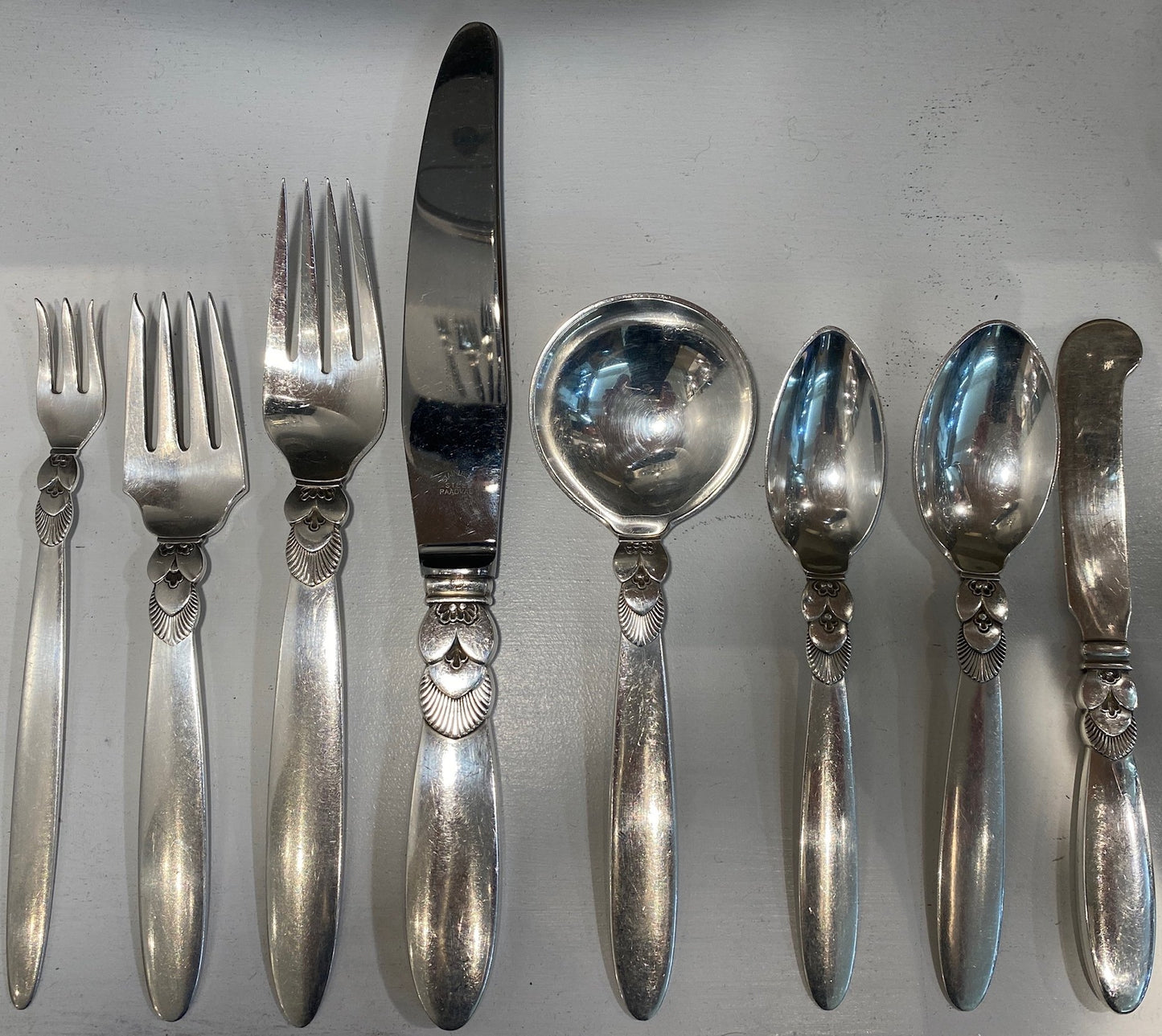 Estate Georg Jensen Sterling Silver Flatware in the “Cactus” Pattern Service for 12 with Serving Pieces by Gundorph Albertus (100 Pieces)