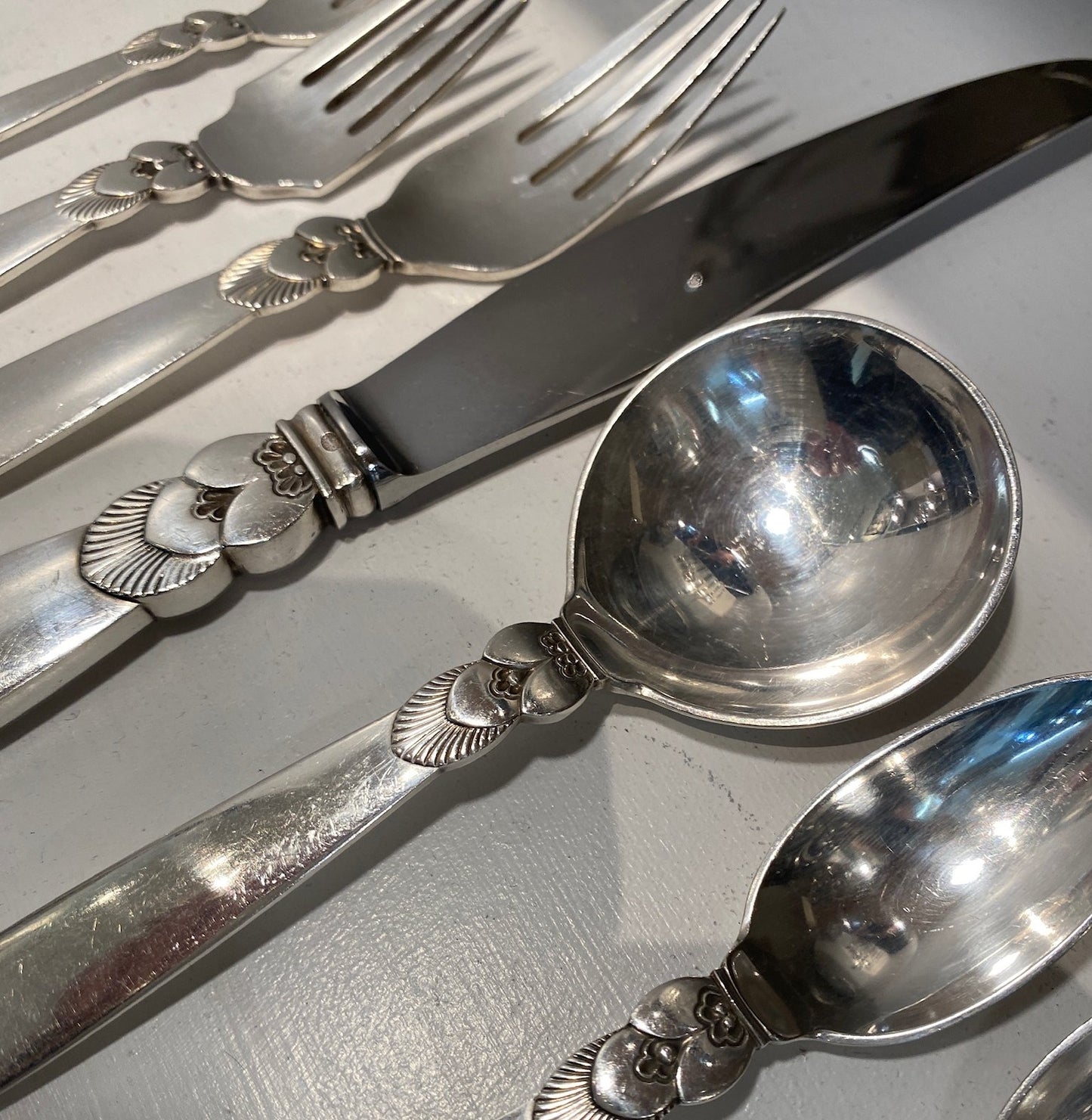 Estate Georg Jensen Sterling Silver Flatware in the “Cactus” Pattern Service for 12 with Serving Pieces by Gundorph Albertus (100 Pieces)