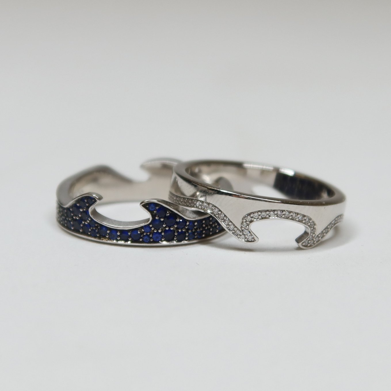 Georg Jensen 2 Piece 18K White Gold "Fusion" Ring with Diamonds and Sapphires by Nina Koppel