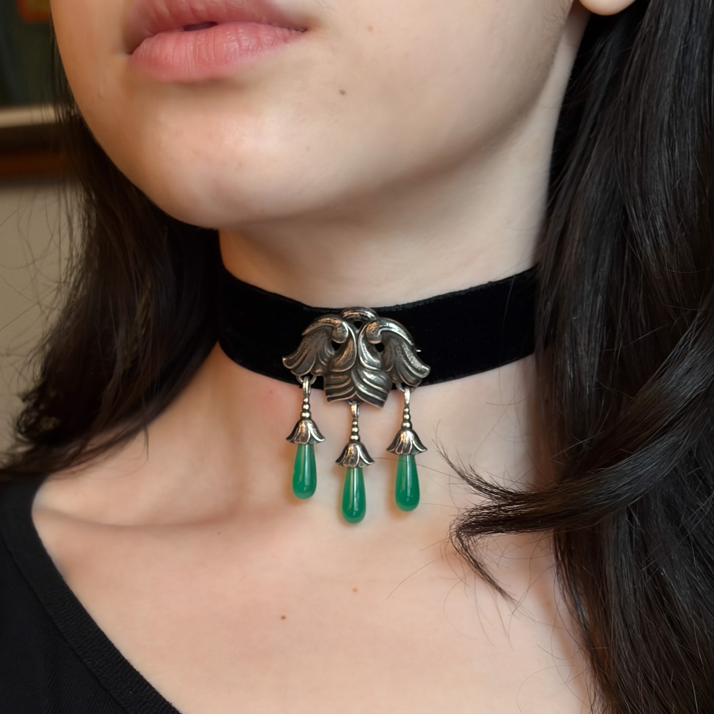 Estate Georg Jensen Art Nouveau Brooch with Green Onyx Drops no. 132