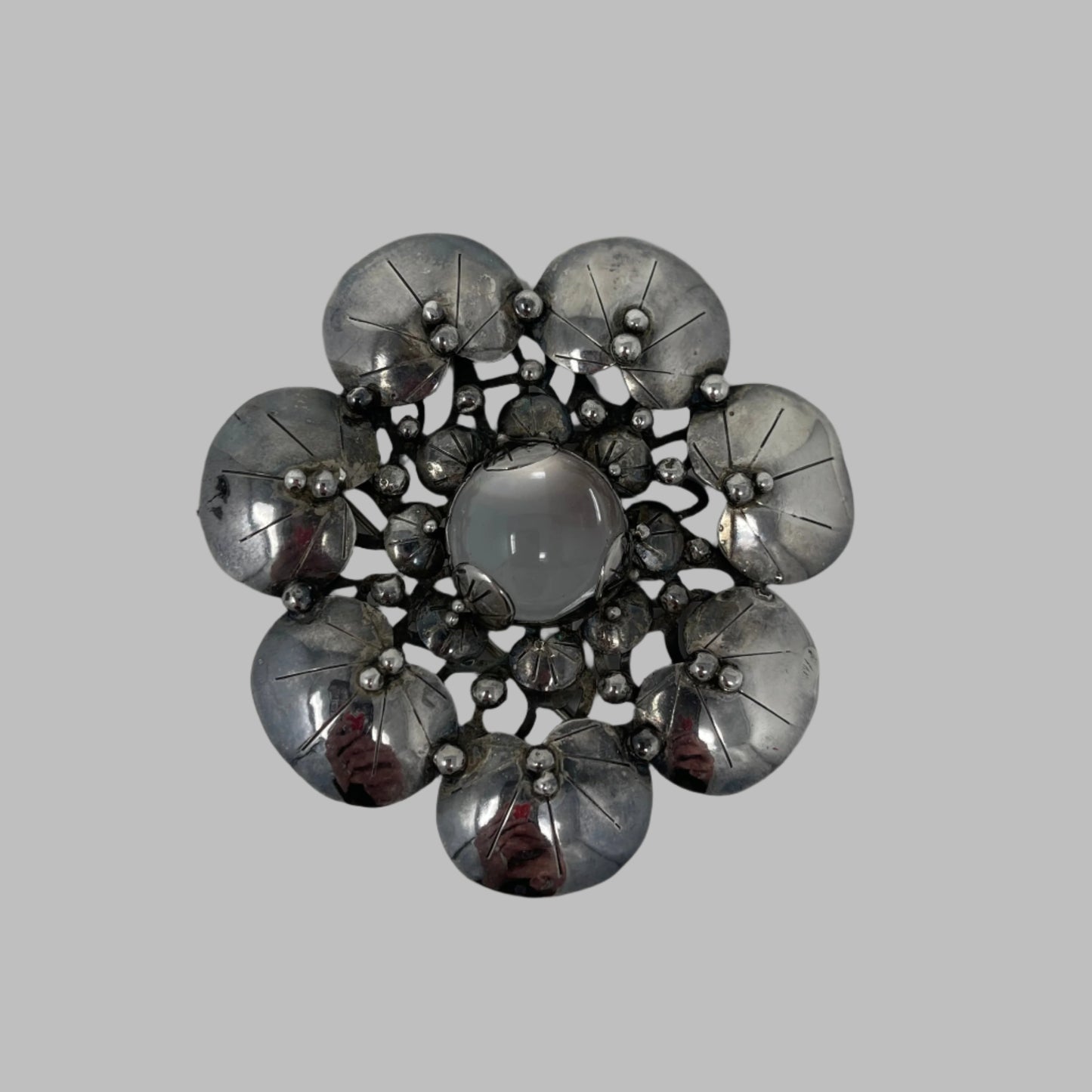 Estate Mary Gage Sterling Silver and Crystal Quartz Cabochon Modernist Lilypad Brooch