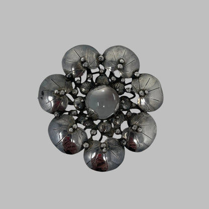 Estate Mary Gage Sterling Silver and Crystal Quartz Cabochon Modernist Lilypad Brooch