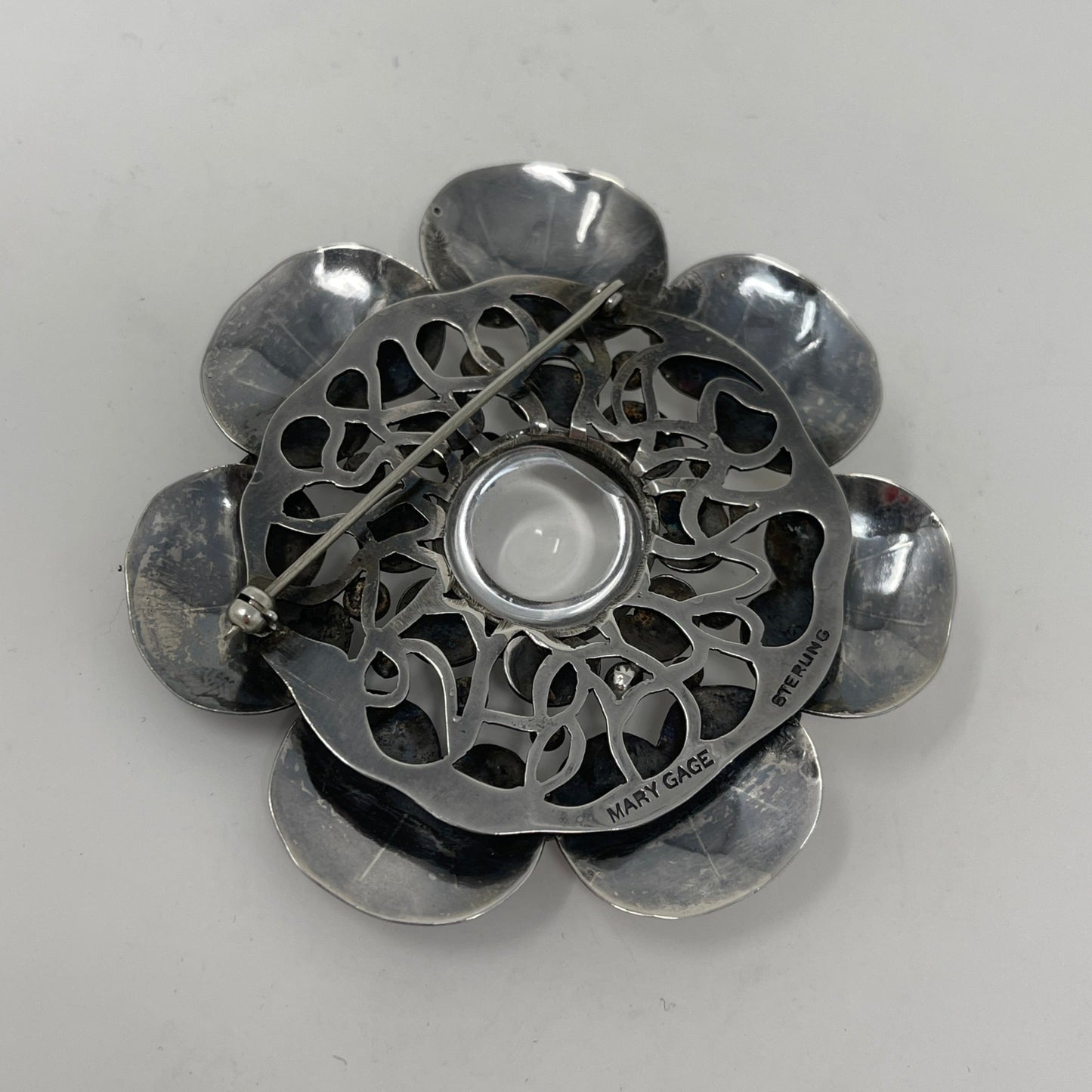 Estate Mary Gage Sterling Silver and Crystal Quartz Cabochon Modernist Lilypad Brooch