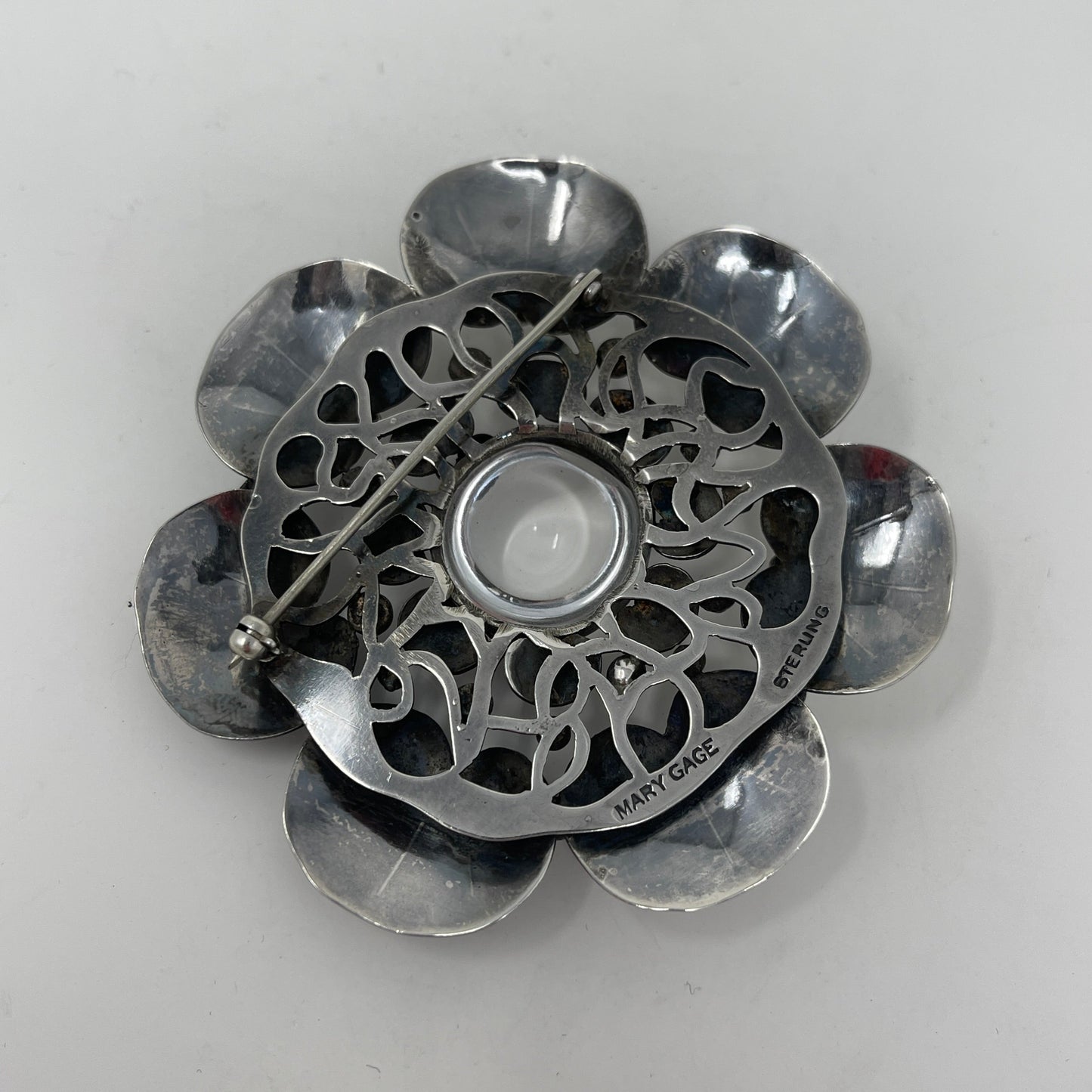 Estate Mary Gage Sterling Silver and Crystal Quartz Cabochon Modernist Lilypad Brooch