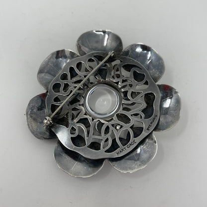 Estate Mary Gage Sterling Silver and Crystal Quartz Cabochon Modernist Lilypad Brooch